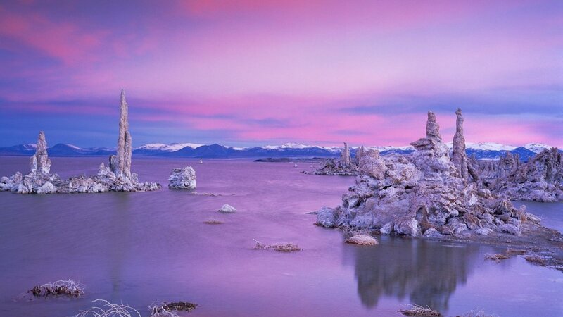 Tufa Formations in Lake — Purple, Serene, Sunset