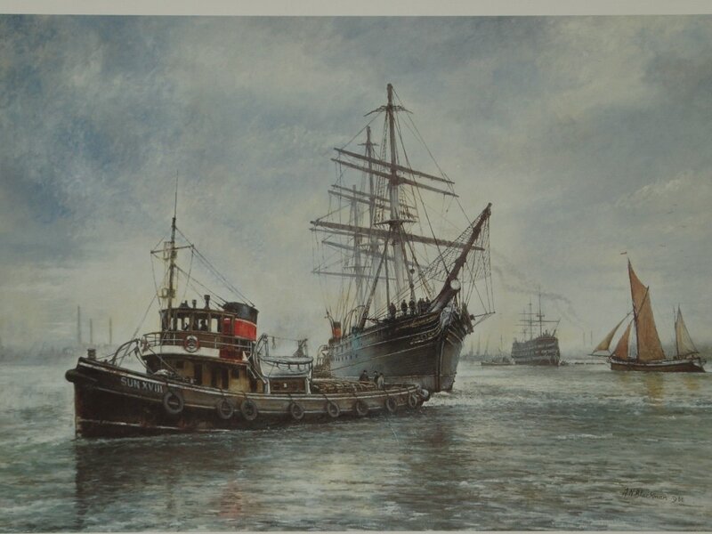 Tugboat and Sailing Ship — Gray