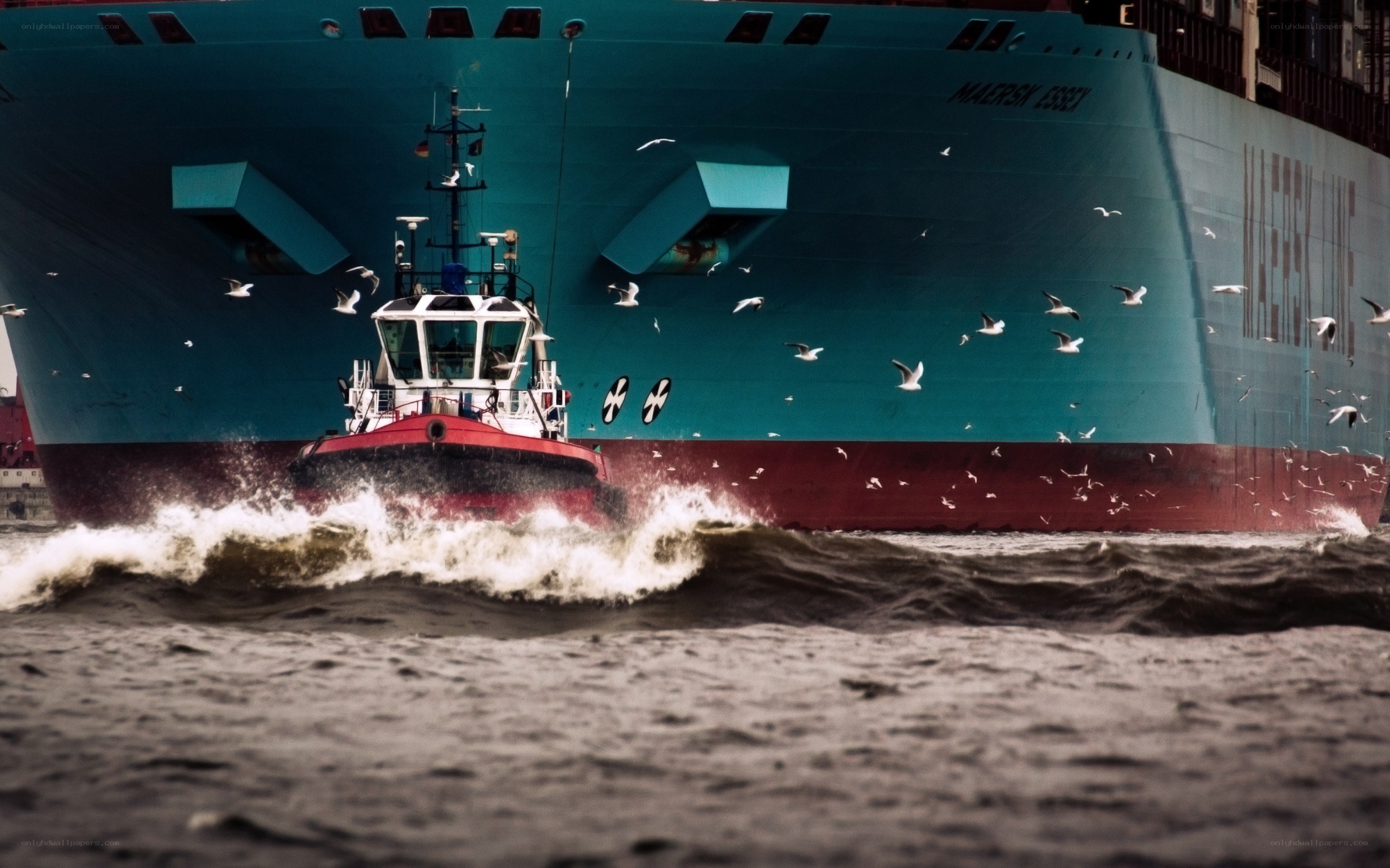 Tugboat assisting large cargo ship