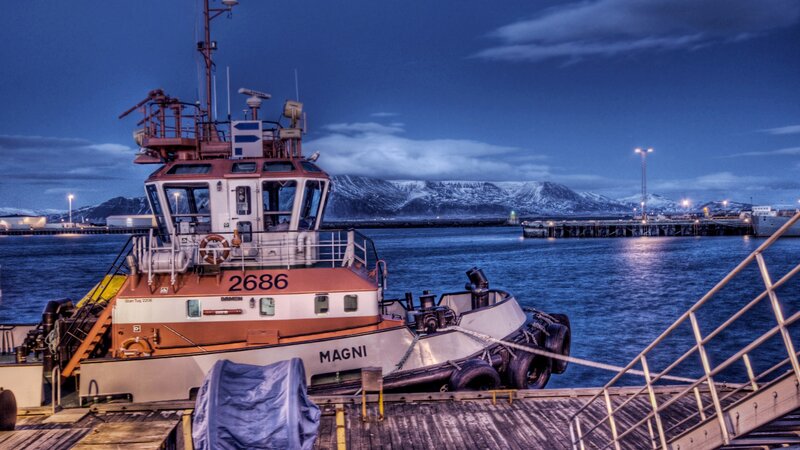 Tugboat at Harbor — Blue
