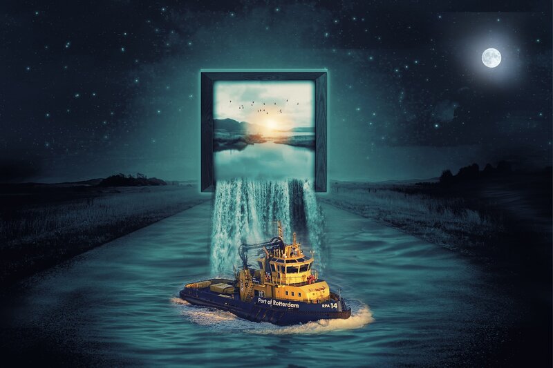 Tugboat in Canal — Blue