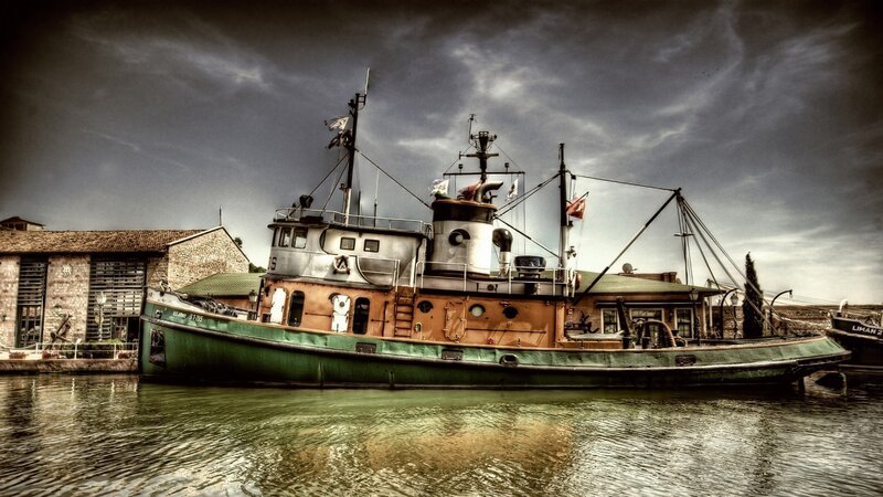 Tugboat in Harbor — Green, Dramatic, Photograph, Building, Sky