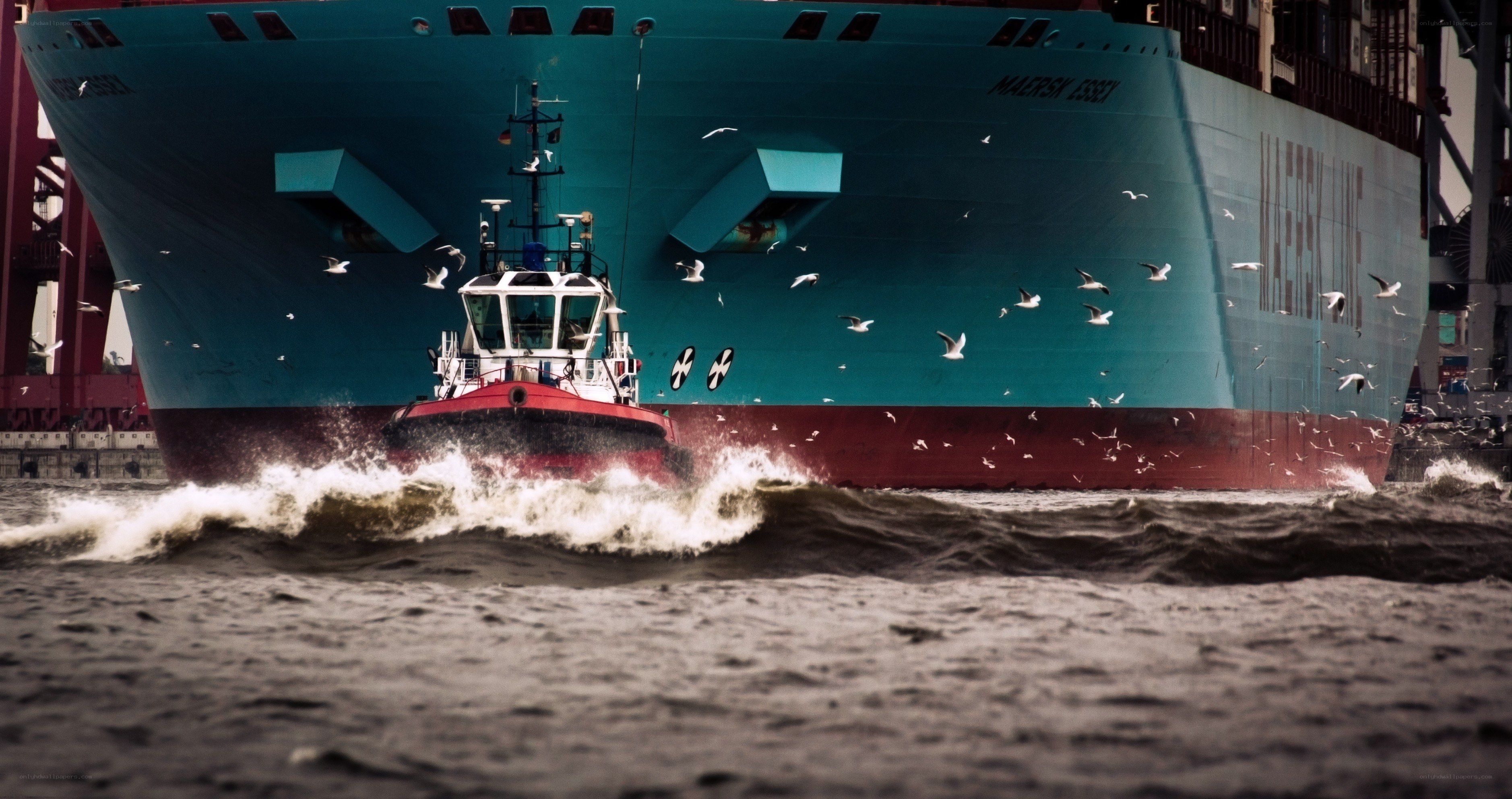 Tugboat near large cargo ship