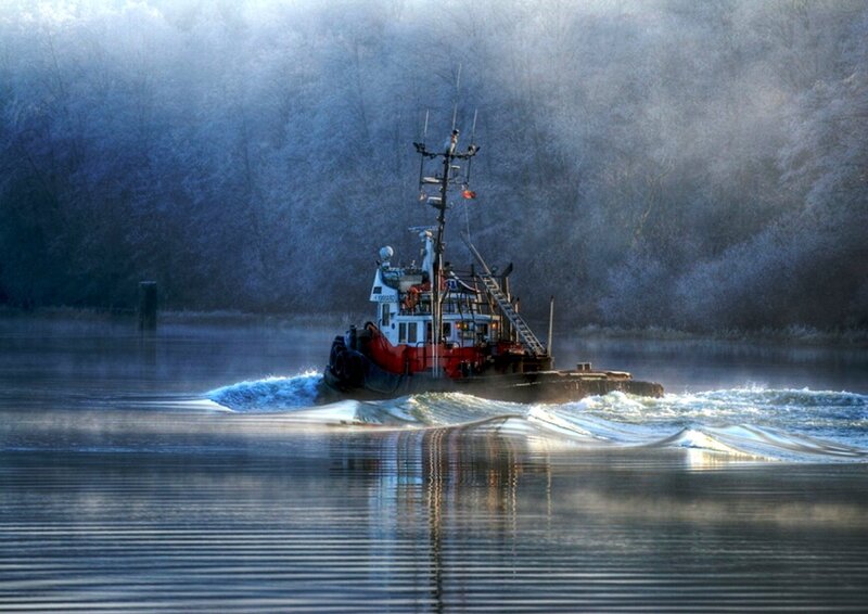 Tugboat on a River — Blue