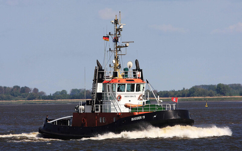 Tugboat on River — Black