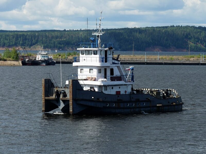 Tugboat on River — Blue