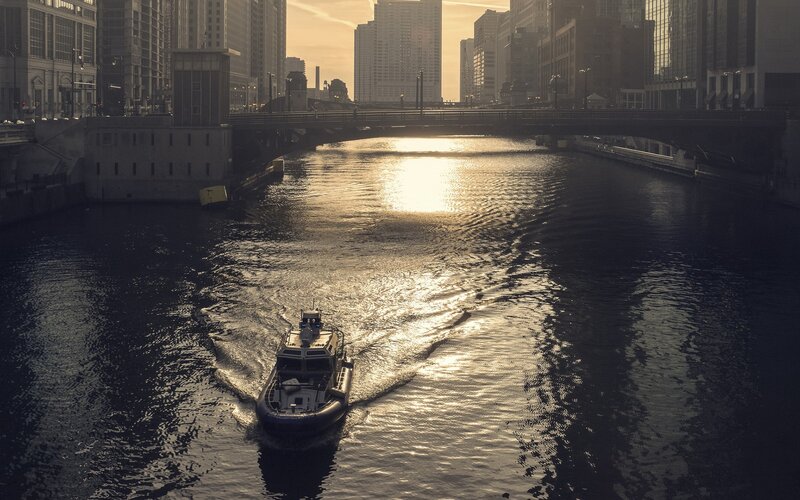 Tugboat on River — Gold, Dramatic