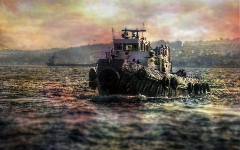 Tugboat on Water — Orange
