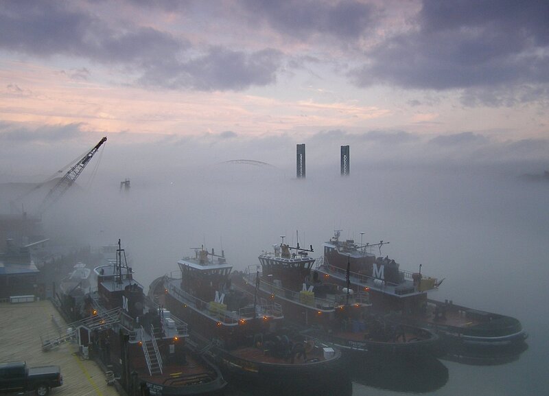 Tugboats in Fog — Gray
