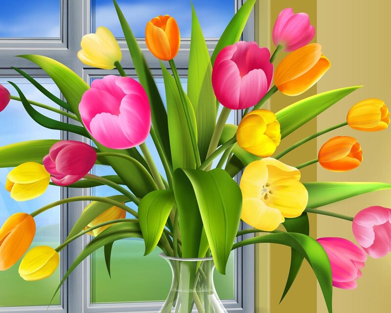 Tulip Bouquet in Vase — Pink, Bright, Spring, Digital Art