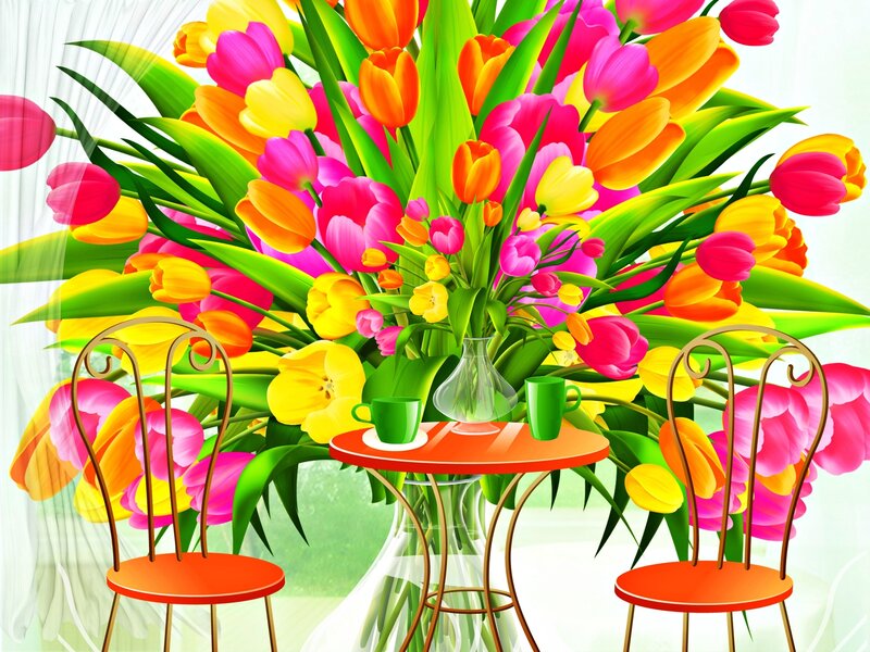 Tulip Bouquet on Table — Pink, Bright, Cheerful
