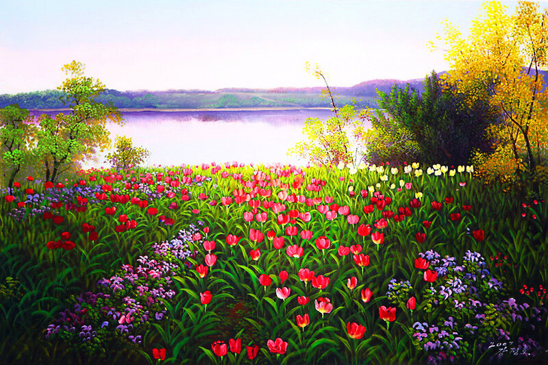 Tulip Field by Lake — Green