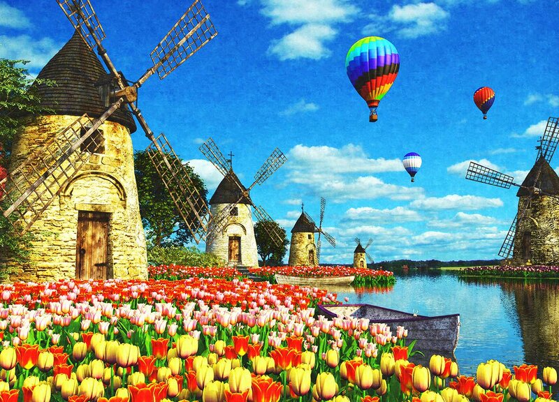 Tulip Fields with Windmills — Blue