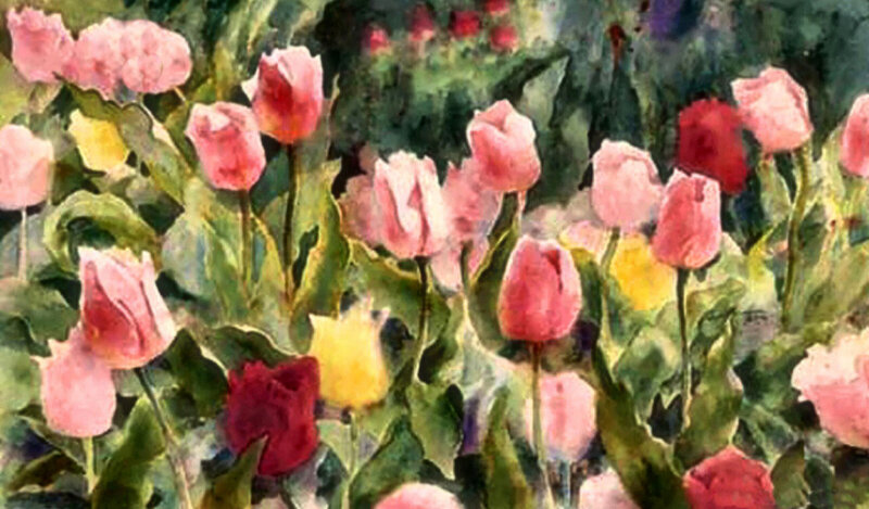 Tulip Flowers in Garden — Pink, Serene, Spring, Painting