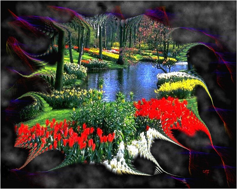Tulip Garden with Pond — Red, Vibrant