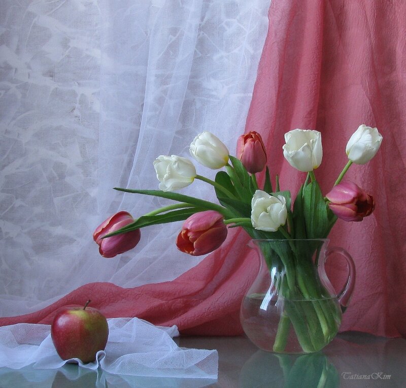 Tulips and Apple in Vase