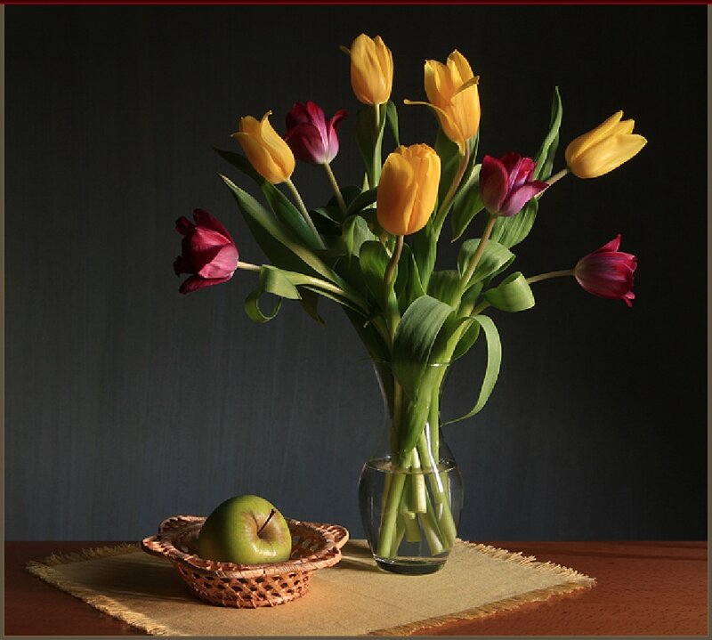 Tulips and Apple in Vase — Yellow