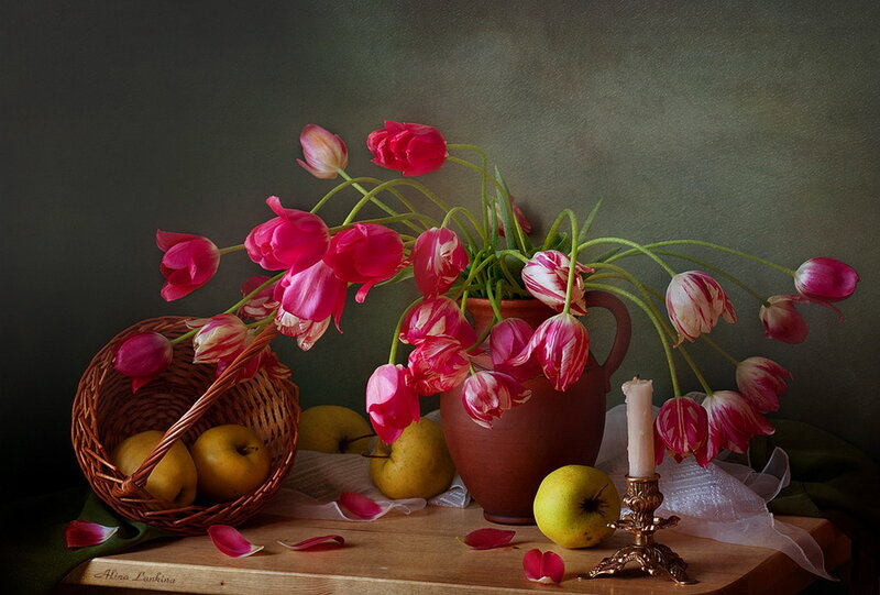 Tulips and Apples in Basket