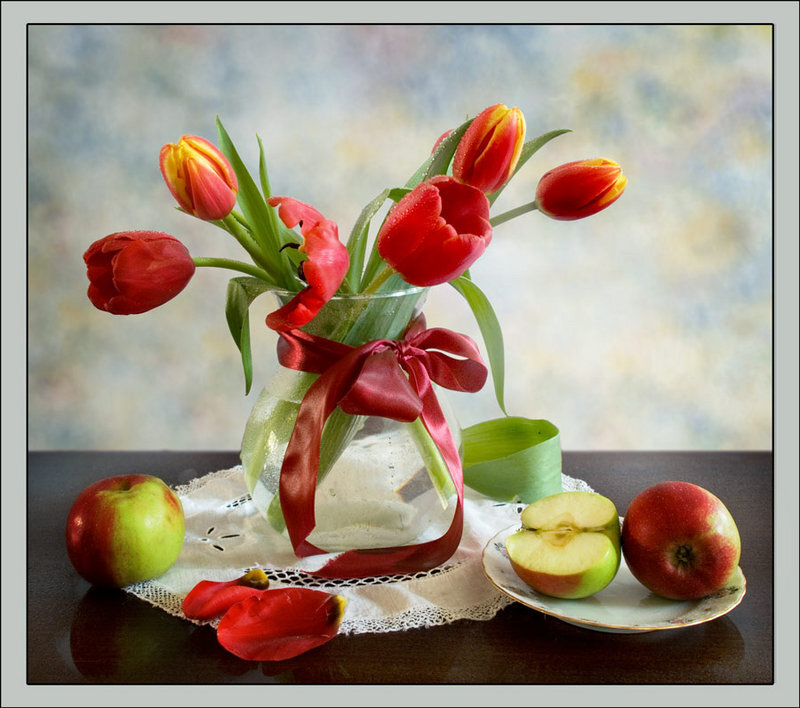 Tulips and Apples in Vase