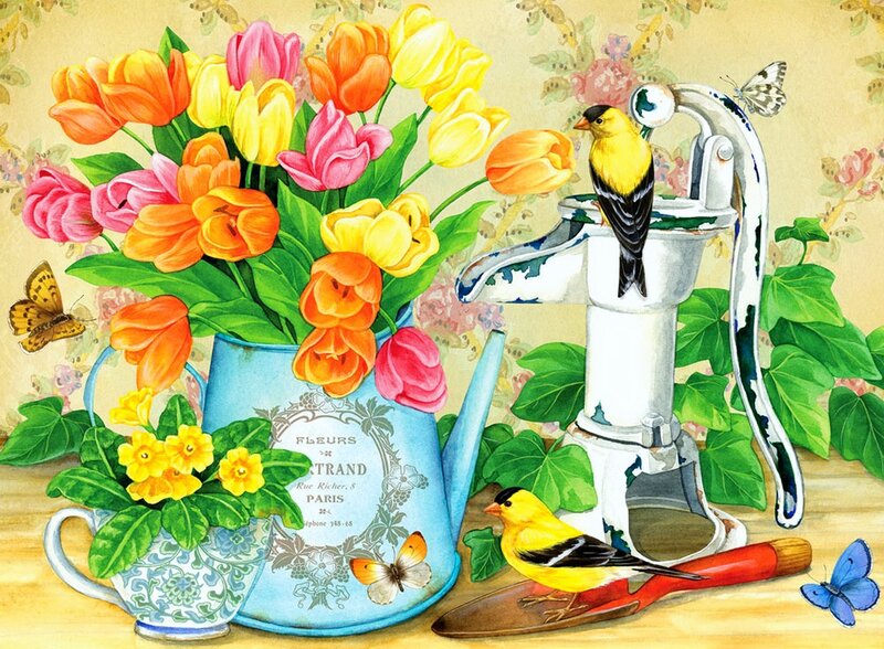 Tulips and Birds in Garden