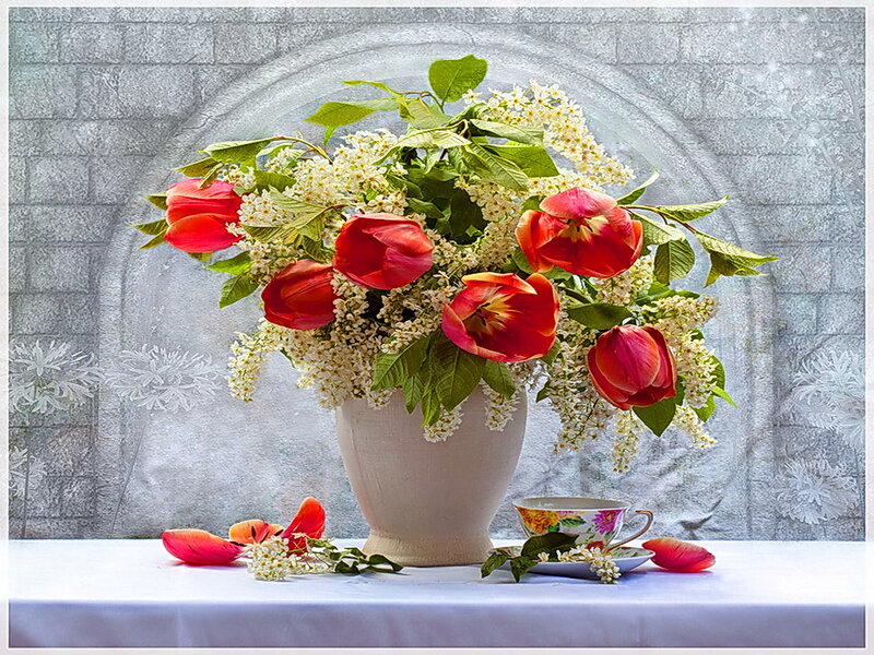Tulips and Blossoms in Vase
