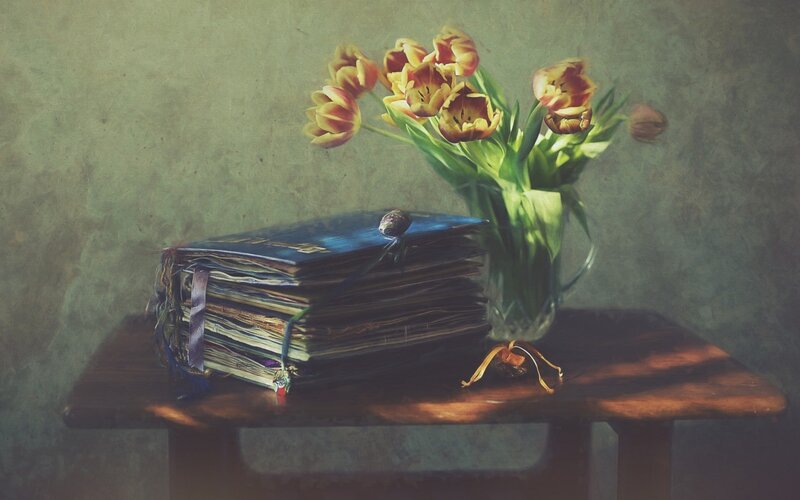 Tulips and Books on Table