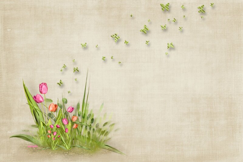Tulips and Butterflies — Pink, Serene, Spring, Digital Art