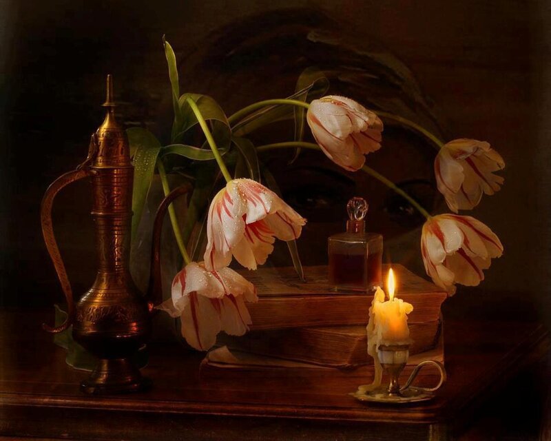 Tulips and Candle on Table — Brown, Dramatic, Night