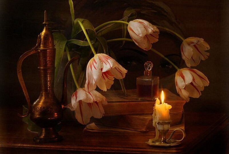 Tulips and Candle on Table — Brown, Dramatic
