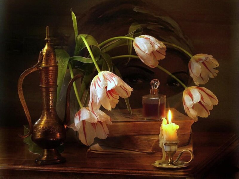 Tulips and Candle on Table — Brown