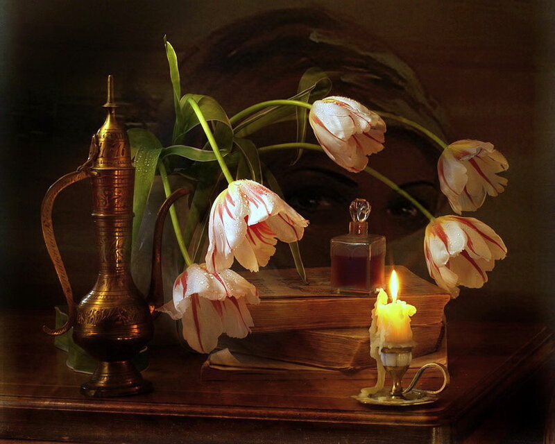 Tulips and Candle on Table