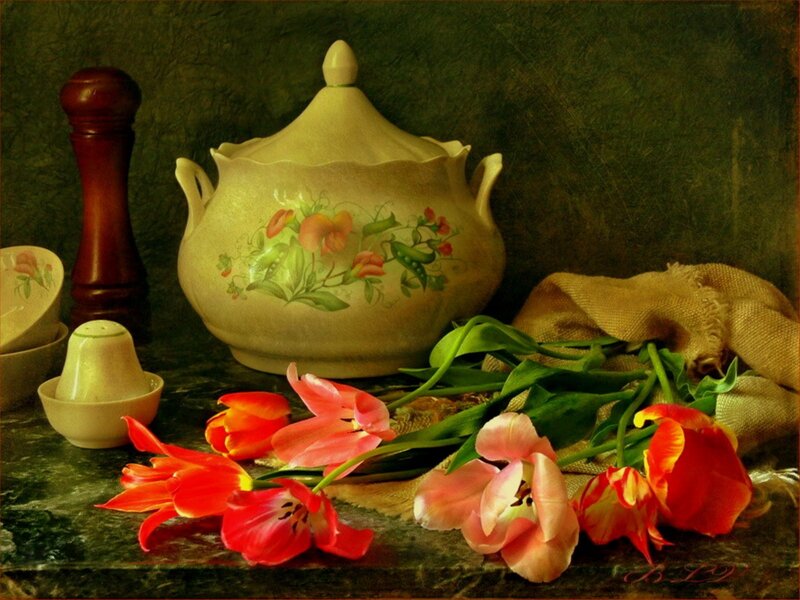 Tulips and Ceramic Pitcher
