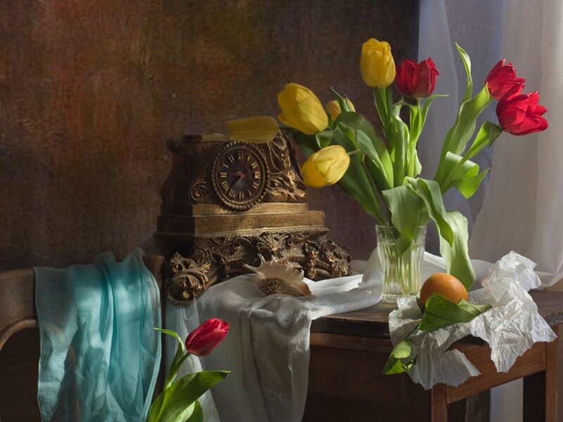 Tulips and Clock on Table