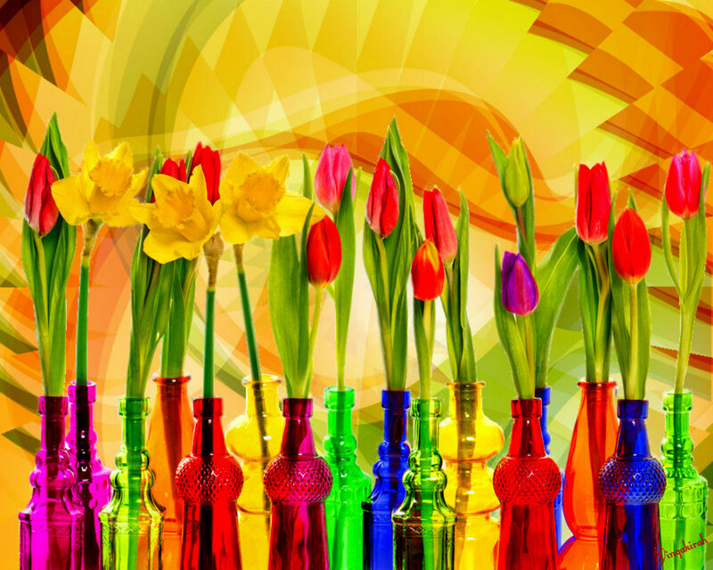 Tulips and Daffodils in Bottles