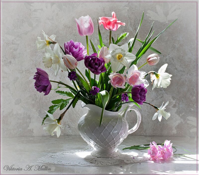 Tulips and Daffodils in Vase