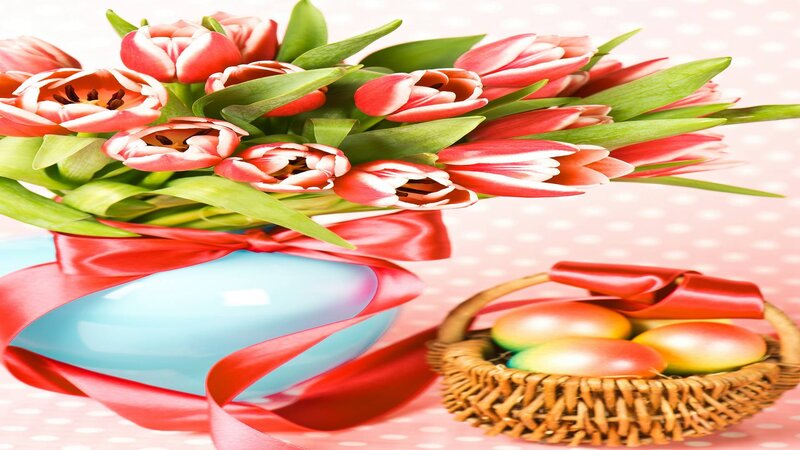 Tulips and Easter Eggs — Red, Festive, Spring, Photograph, Flowers, Basket
