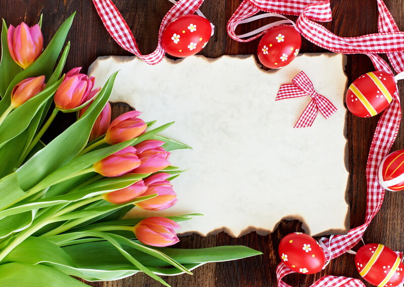 Tulips and Easter Eggs — Red, Festive, Spring, Photograph, Flowers