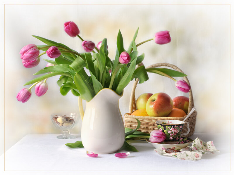 tulips and fruit basket
