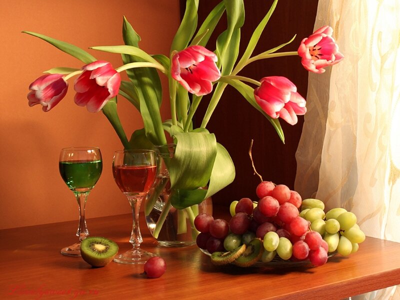 Tulips and Fruit on Table — Orange