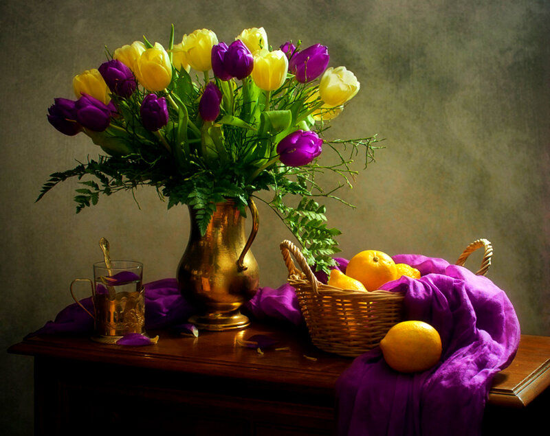 Tulips and Fruit on Table — Purple