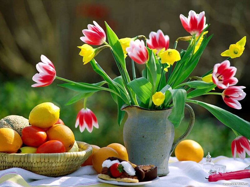 Tulips and Fruit on Table — Red