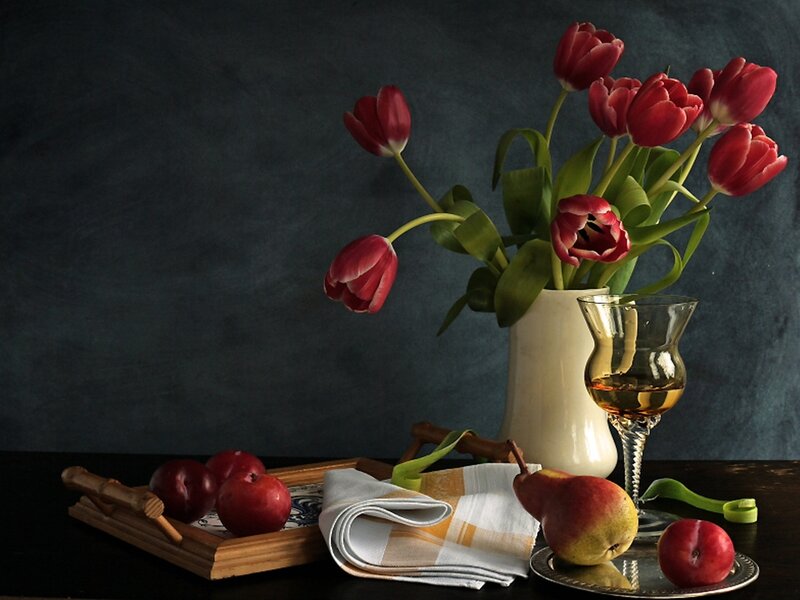 Tulips and Fruit on Table