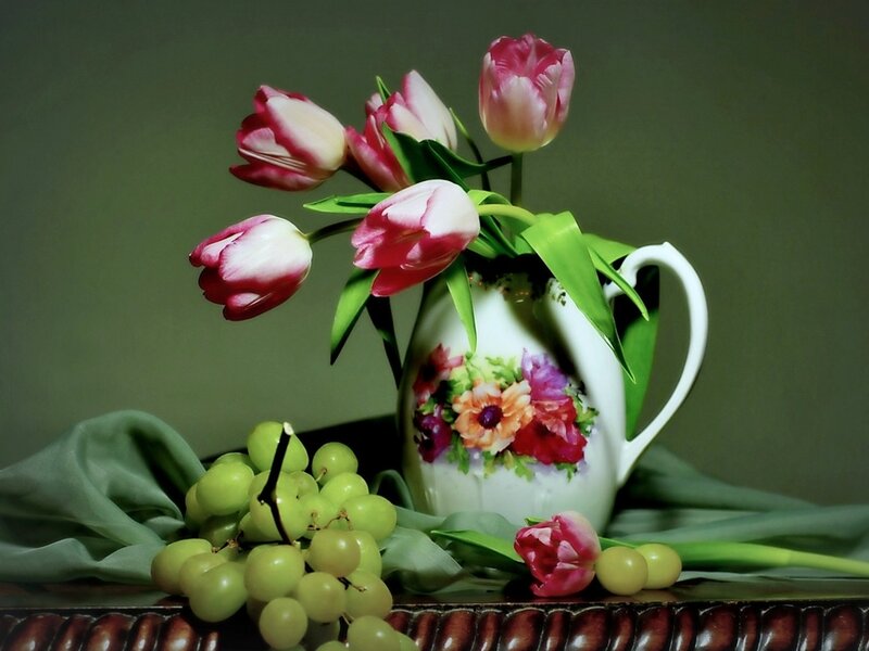 Tulips and Grapes in Pitcher — Green