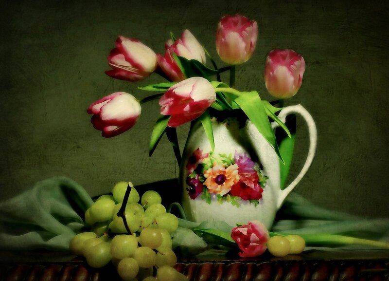 Tulips and Grapes in Pitcher