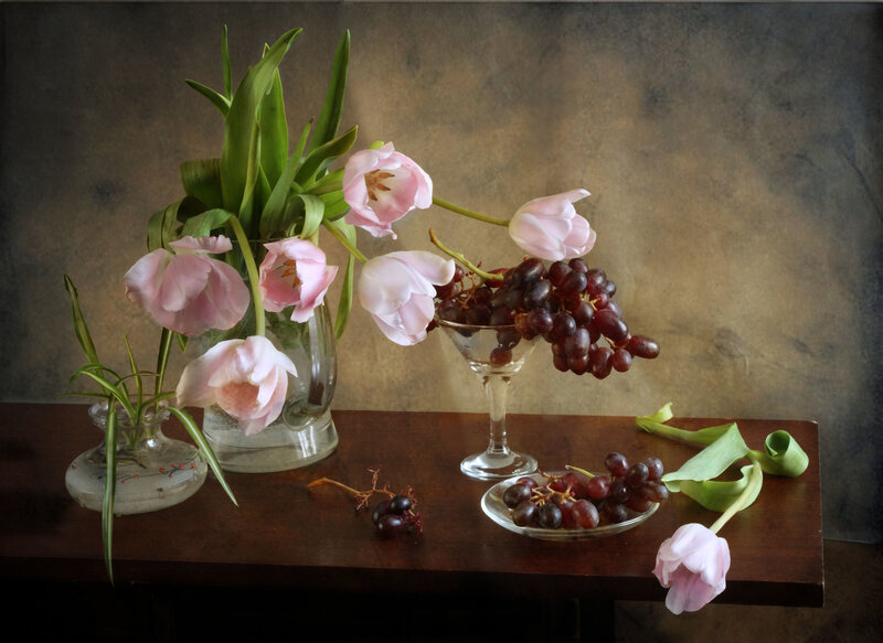 Tulips and Grapes on Table
