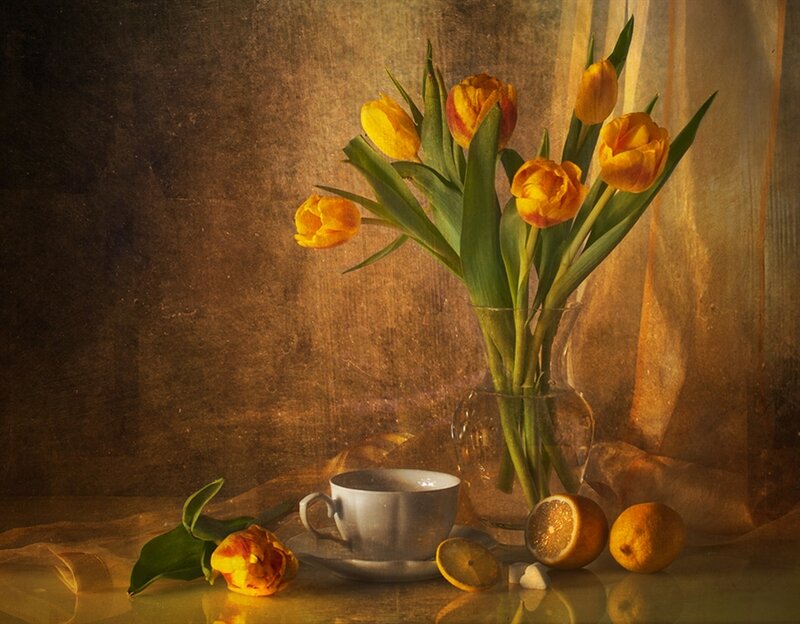 Tulips and Lemons in Vase