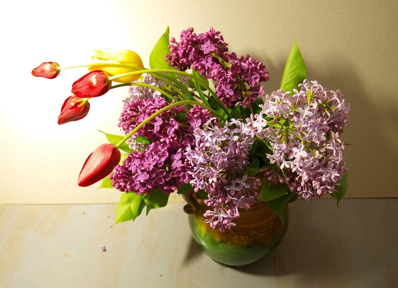 Tulips and Lilacs in Vase — Purple