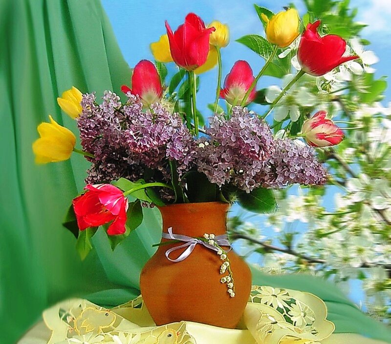 Tulips and Lilacs in Vase
