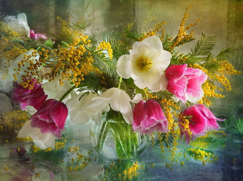 Tulips and Mimosa Bouquet — Pink