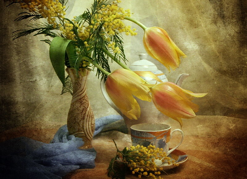 Tulips and Mimosa in Vase